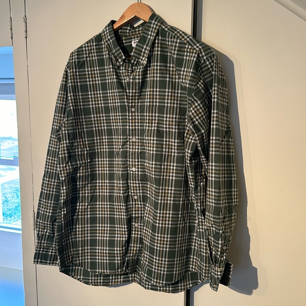 Uniqlo Green plaid Men's Long Sleeve Button Down Dress Shirt Casual Size Xl